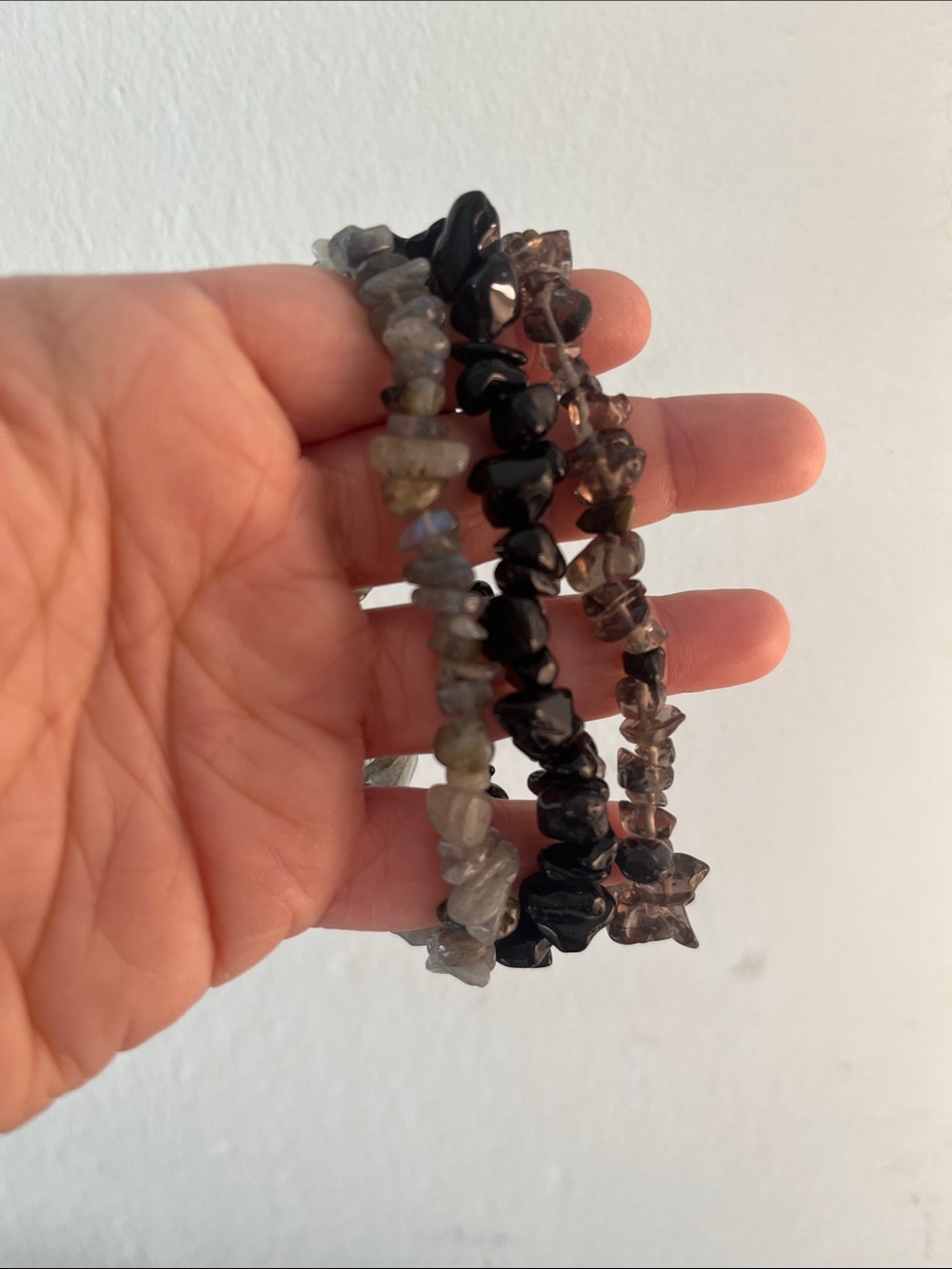 Three-Stack Semi-Precious Chip Bracelet Set in Black, Gray, and Brown